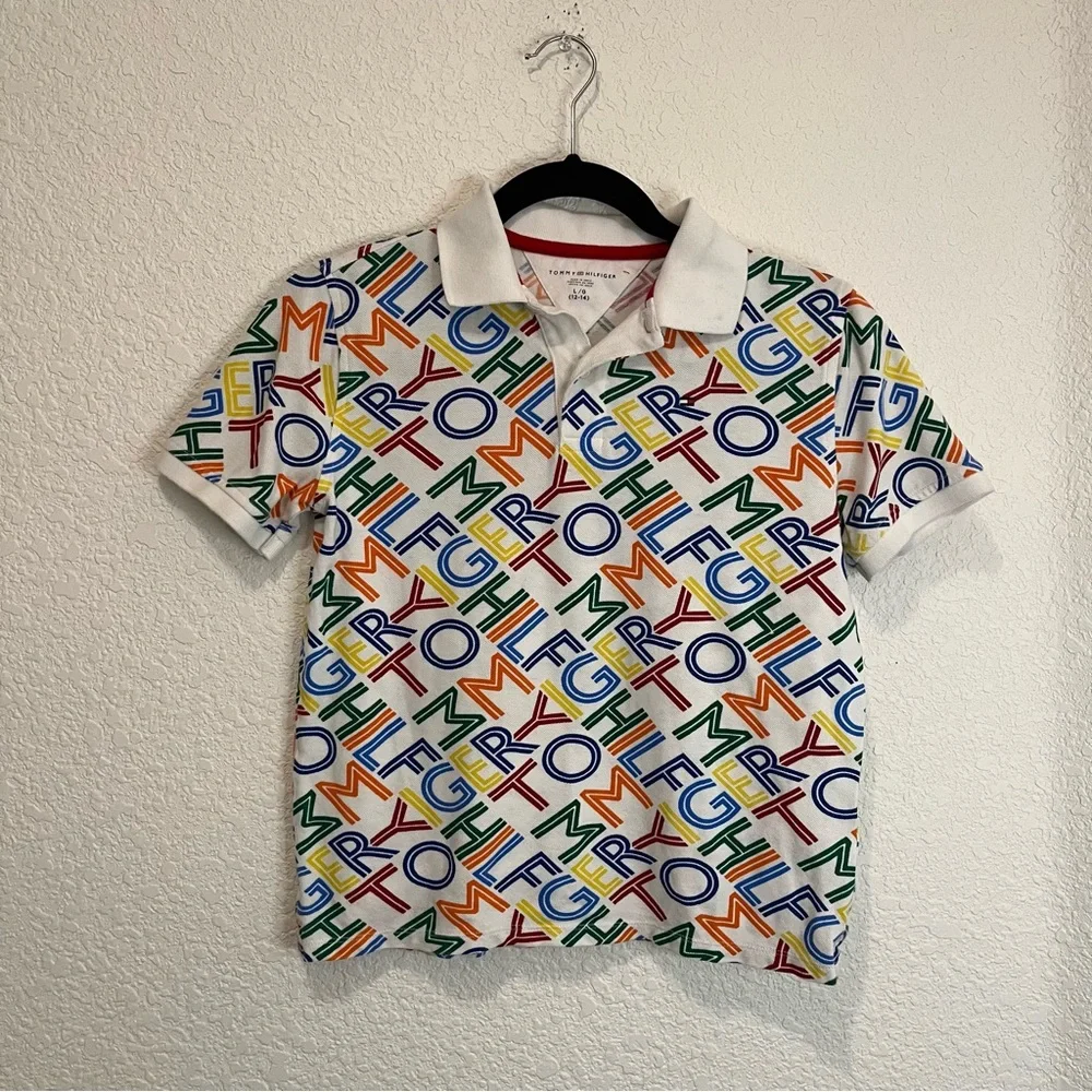 Tommy Hilfiger Spellout Logo Graphic Short Sleeve Polo Shirt Kids Youth Size L